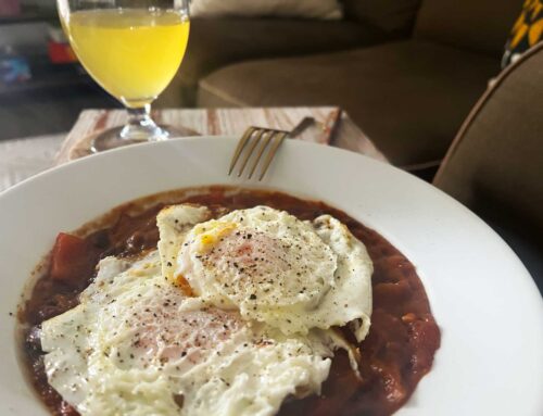 Pumpkin Chili Topped with Over-Easy Eggs